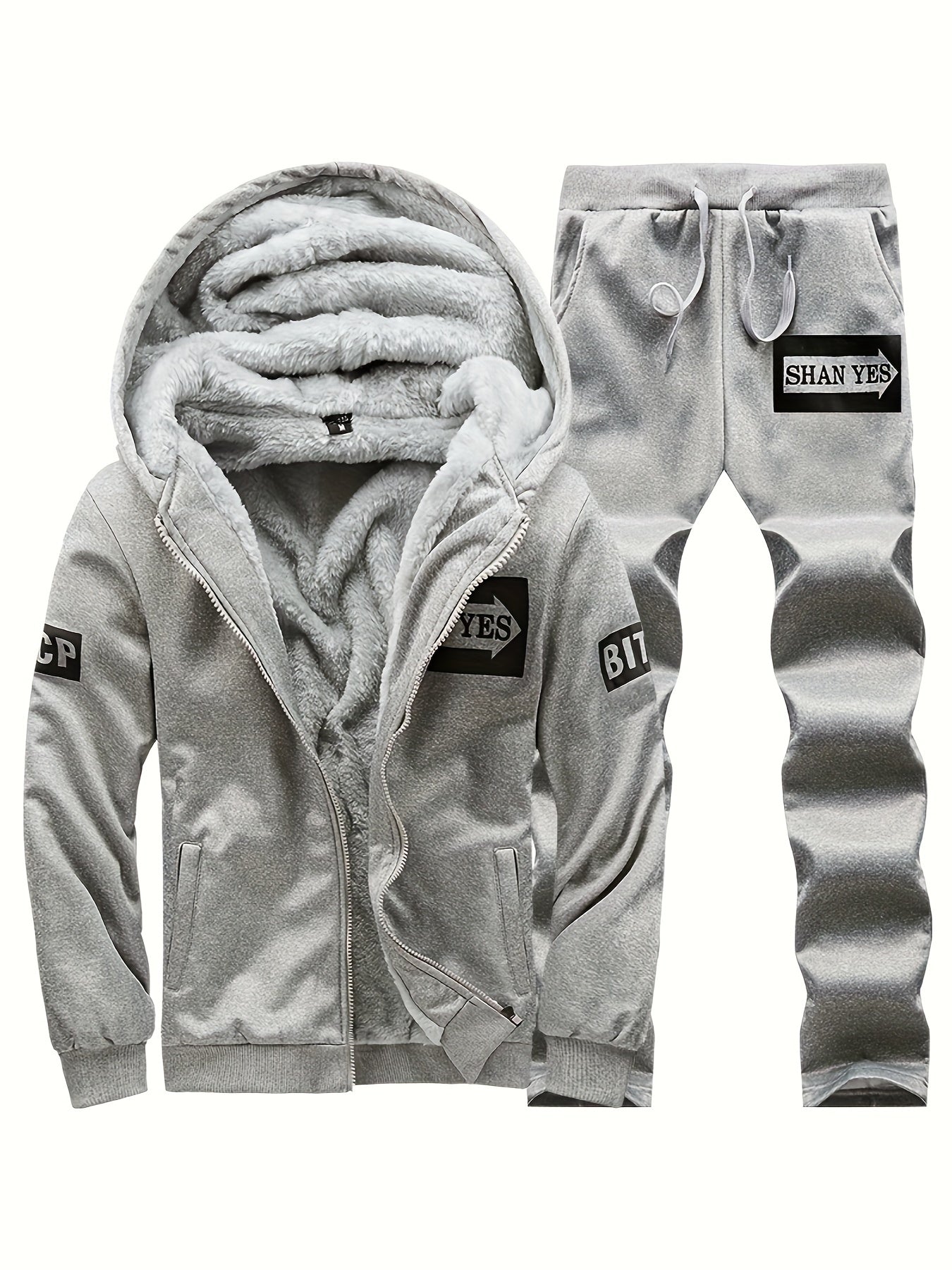 Men's Winter Sportswear Set Fleece-Lined Hooded Jacket and Joggers with Pockets