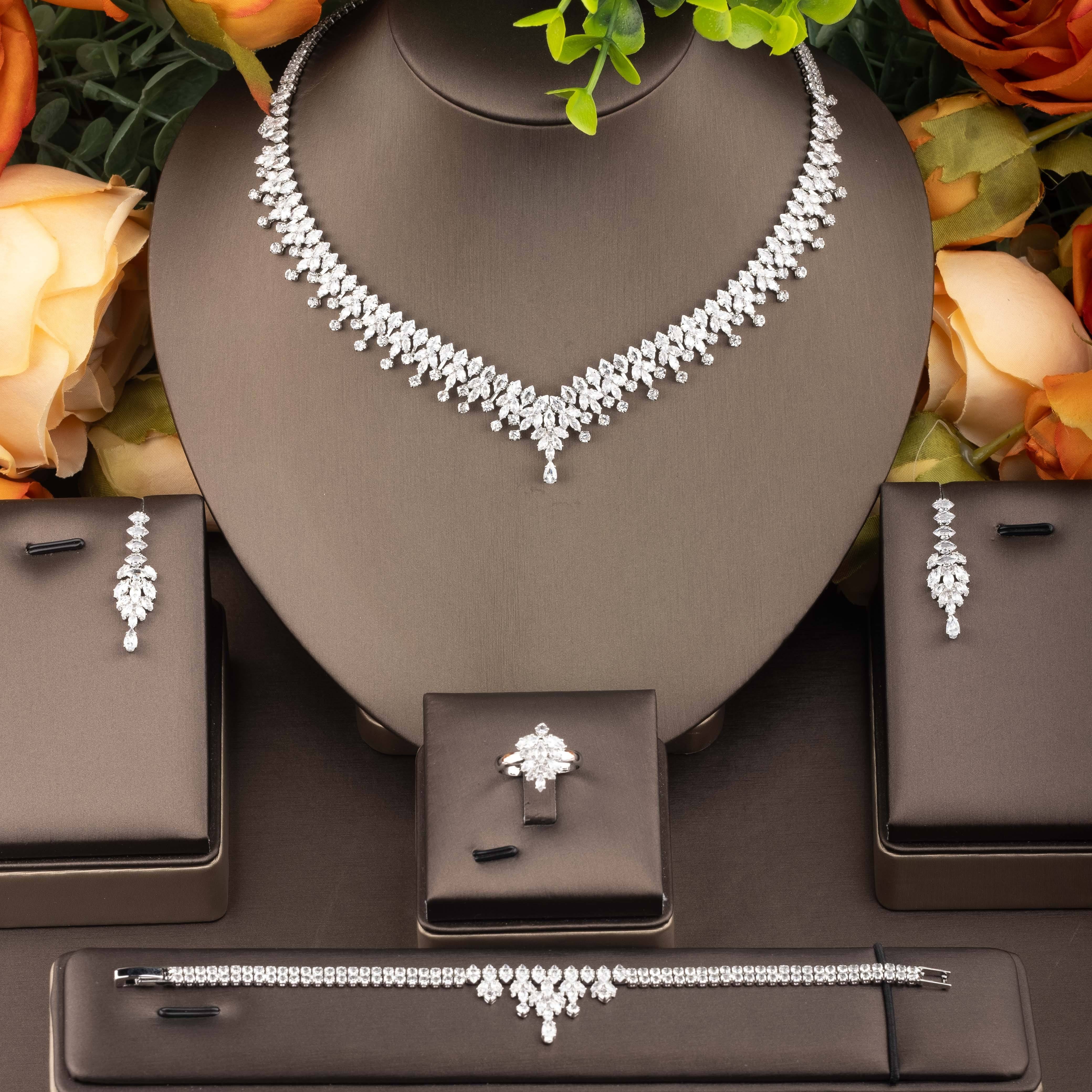 Leaf-Shaped Cubic Zirconia Jewelry Set for Women Necklace Earrings Bracelet Ring Wedding