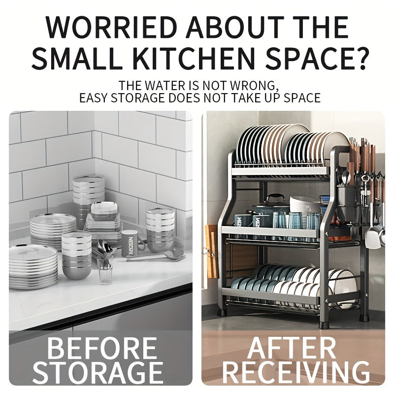 Estante de secado de platos de cocina de una pieza con soporte para tabla de cortar, organizador de utensilios, gran capacidad, a prueba de óxido, gris