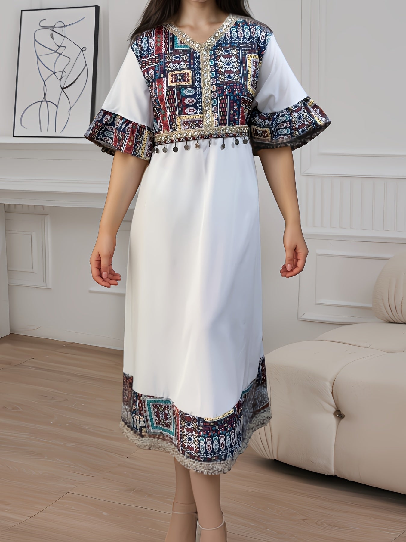 Plus Size Bohemian Maxi Dress Geometric Color Block Floral Beach Vacation