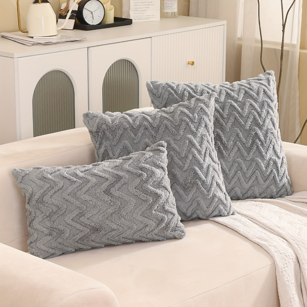 Pair of Beige Geometric Pattern Throw Pillow Covers 100% Polyester Zipper Closure