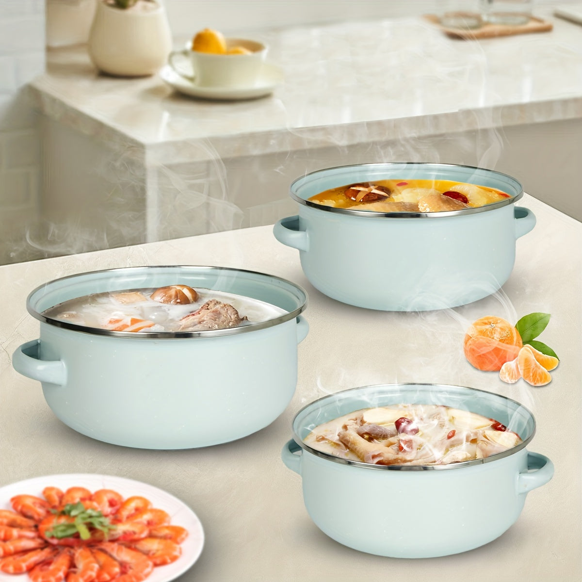 Enamel Cookware Set 3 Pieces with Lids Lightweight Portable for Cooking and Stewing