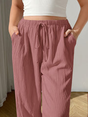 Plus Size Women's Casual Pants Polyester Pink Drawstring Straight Leg