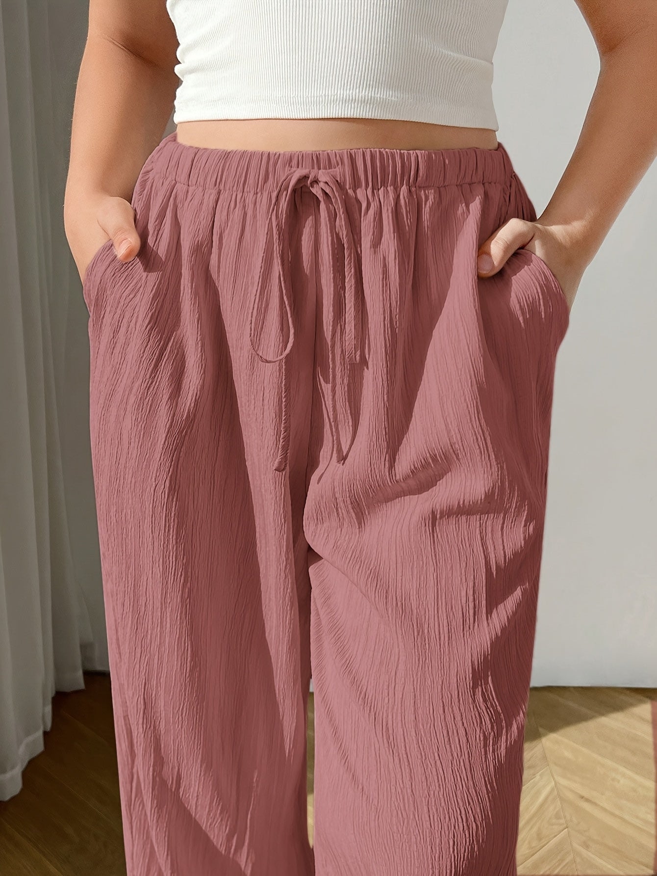 Plus Size Women's Casual Pants Polyester Pink Drawstring Straight Leg