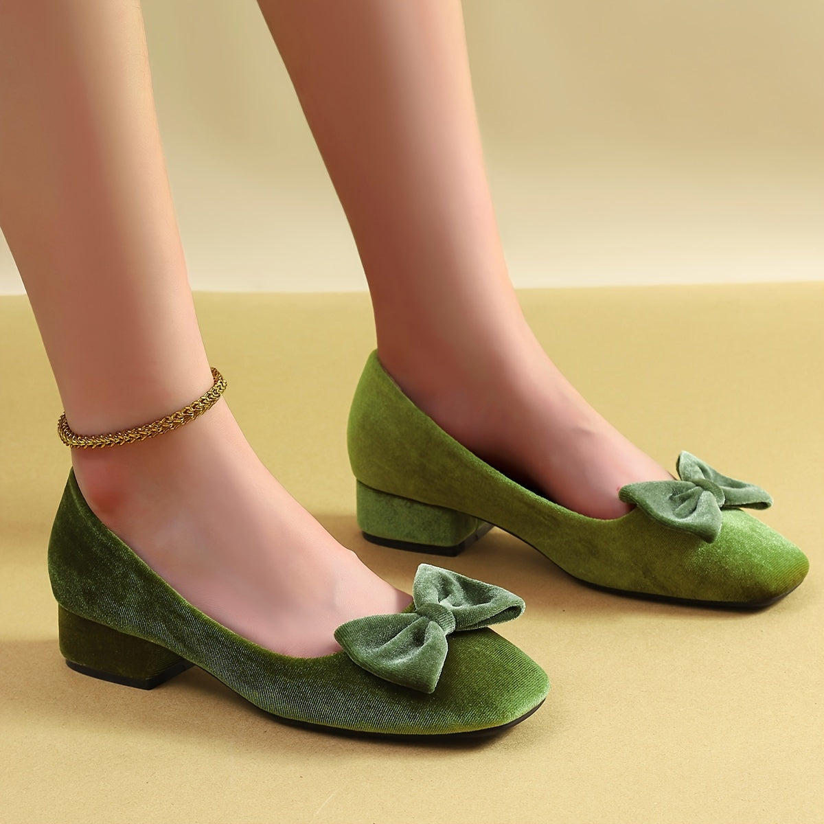 Women's Velvet Bowknot High Heels Square Toe Chunky Heel Office Shoes