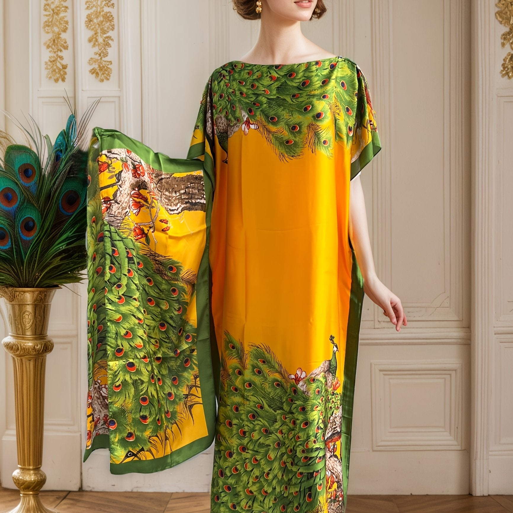 Plus Size Women's Maxi Dress with Peaocak Print, Short Sleeves, Green Yellow Blue Floral