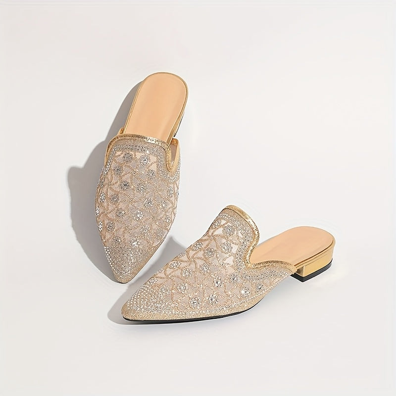 Women's Metallic Rhinestone Pointed Toe Chunky Heel Mules Shoes
