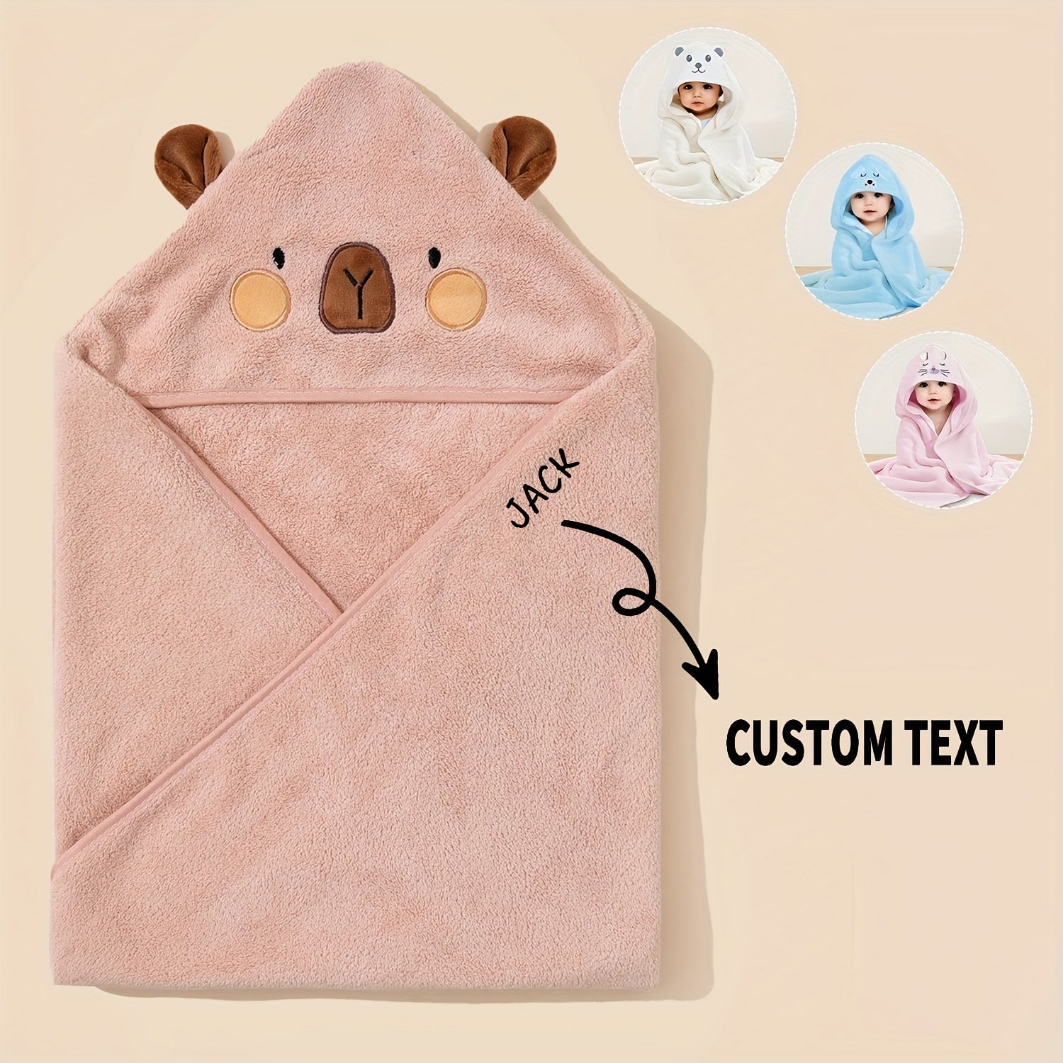 Personalized Cartoon Animal Bath Towel Blanket Soft Polyester Gray Pink Blue Gift