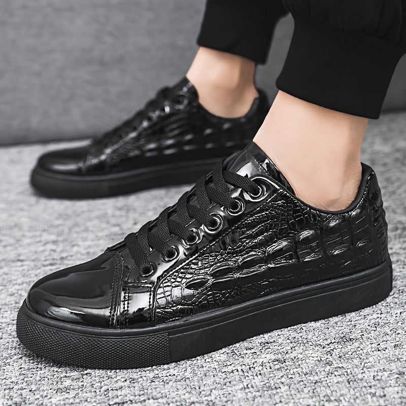 Men's Black Crocodile Pattern Casual Sneakers with Soft Sole and Lace-Up