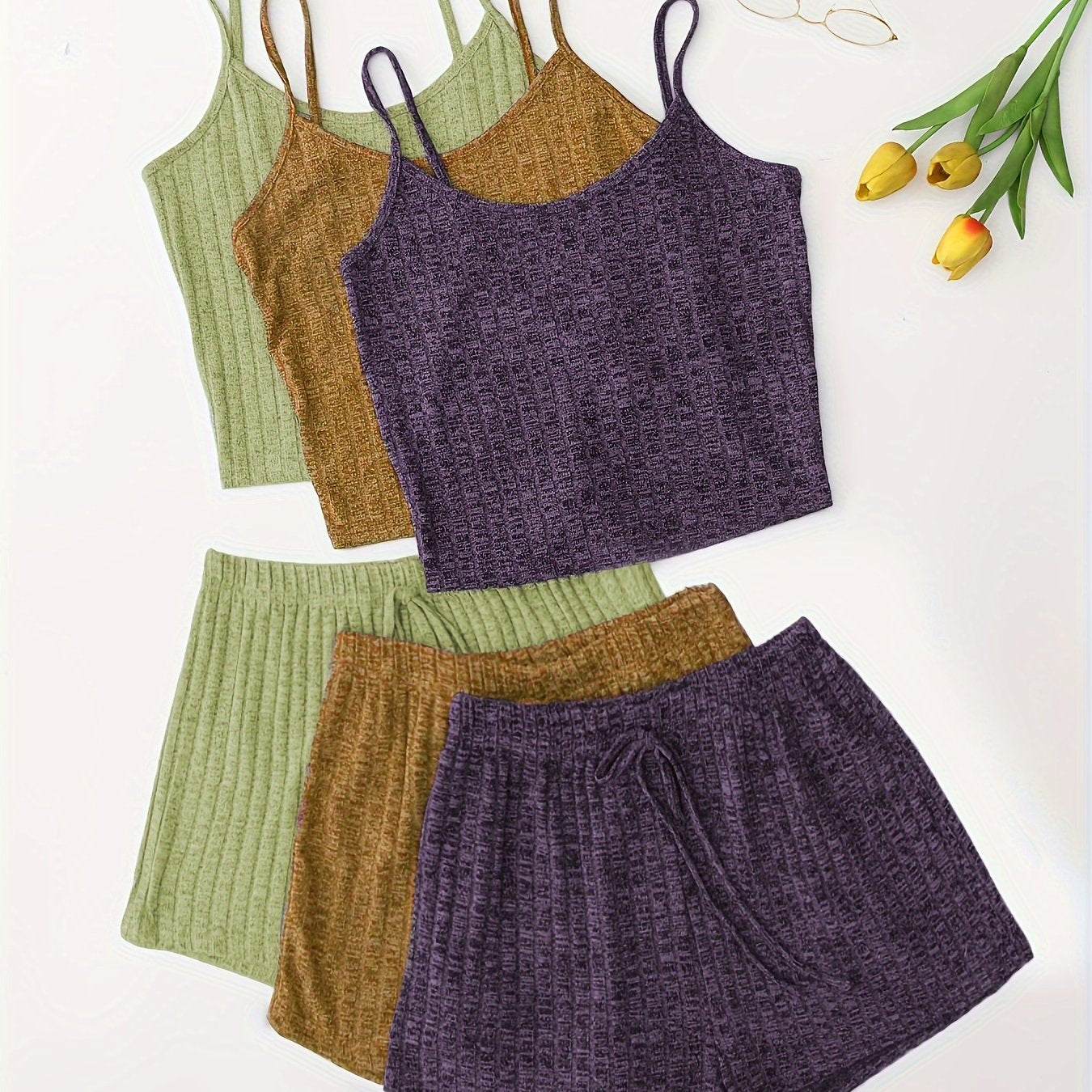 Women's 3-Piece Pajama Set Solid Cami Top Lace-Up Shorts Sleepwear Lounge Wear