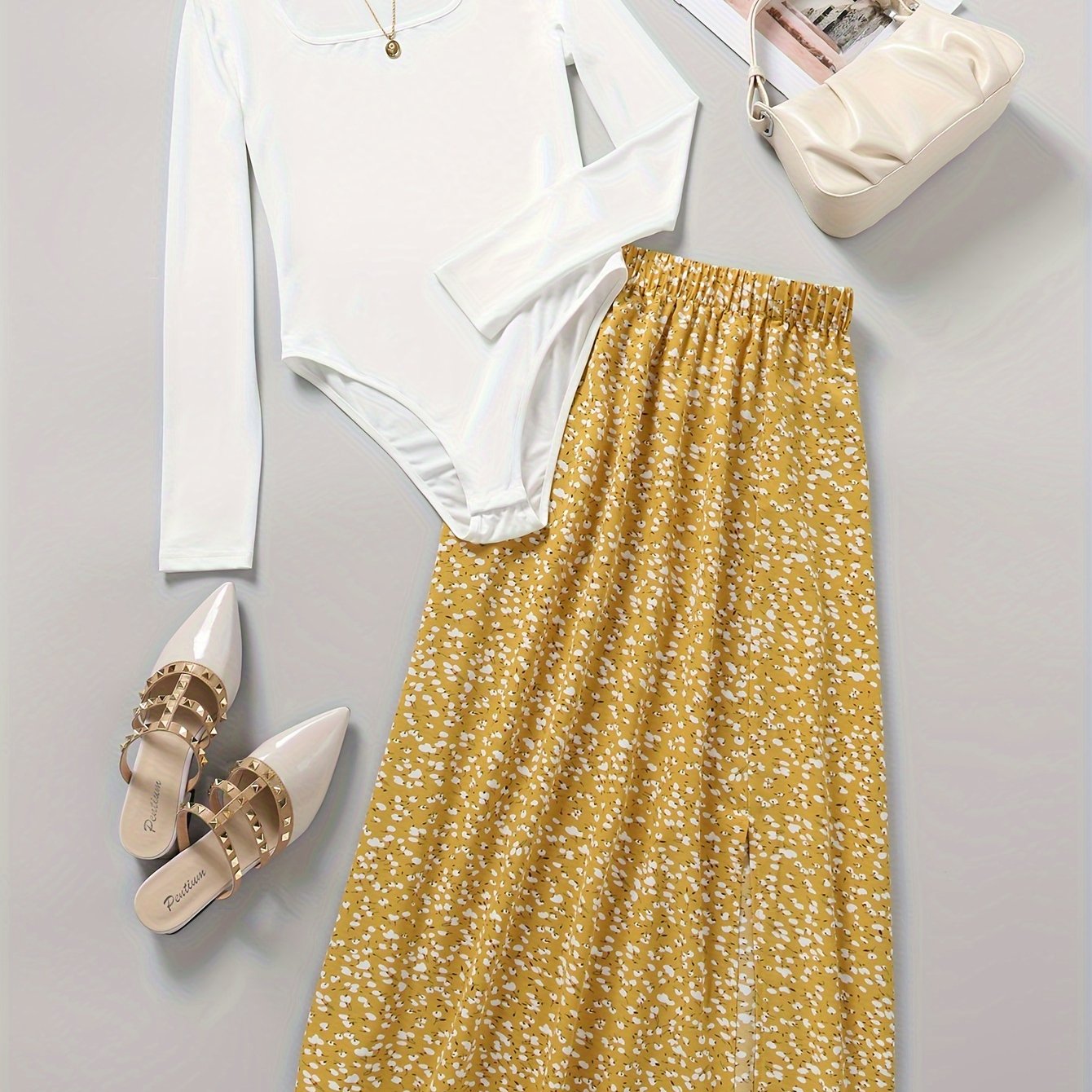 Ayollar uchun zamonaviy ikki qismli kiyim: uzun qo'l bodysuit va polyester aralashmasidan tayyorlangan gullar bilan bezatilgan yubka, kvadrat bo'yin, mashinada yuvish mumkin - bahor/yaz uchun ideal.