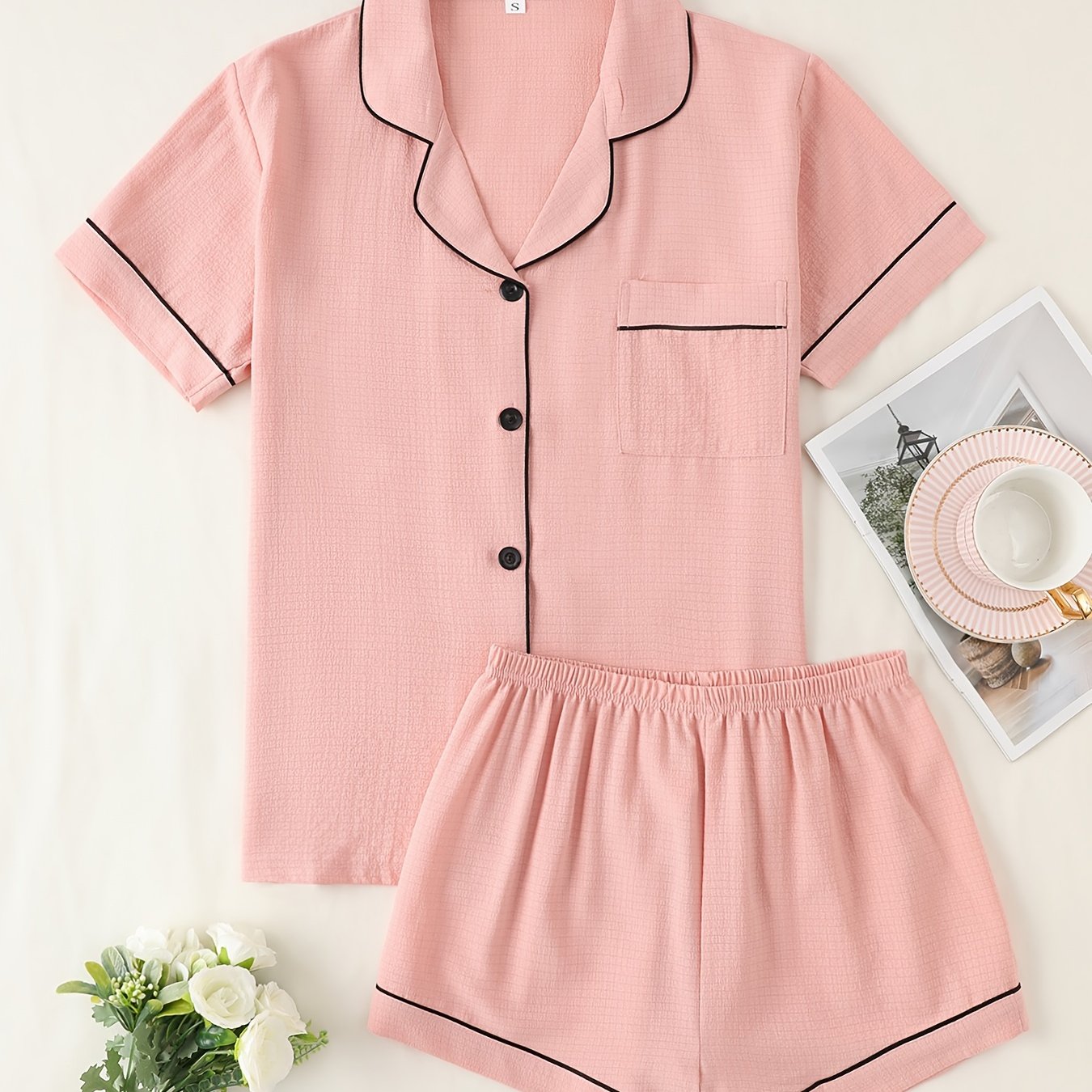 Women's Summer Pajama Set Short Sleeve Button-Up Top with Lapel Collar and Elastic Shorts