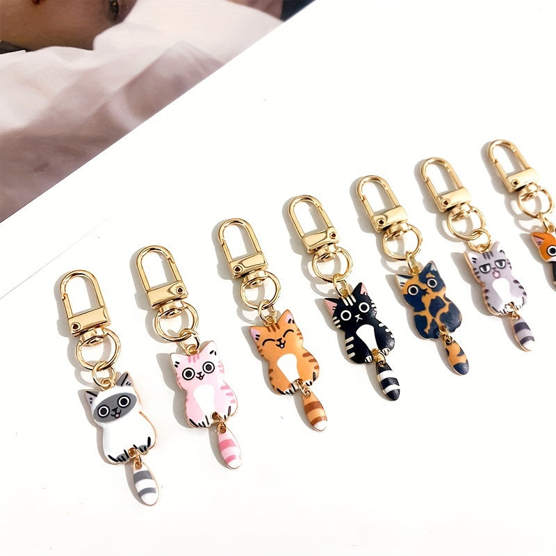 Set of 7 Zinc Alloy Cat Tail Keychains with Movable Tails for Bags and Zippers