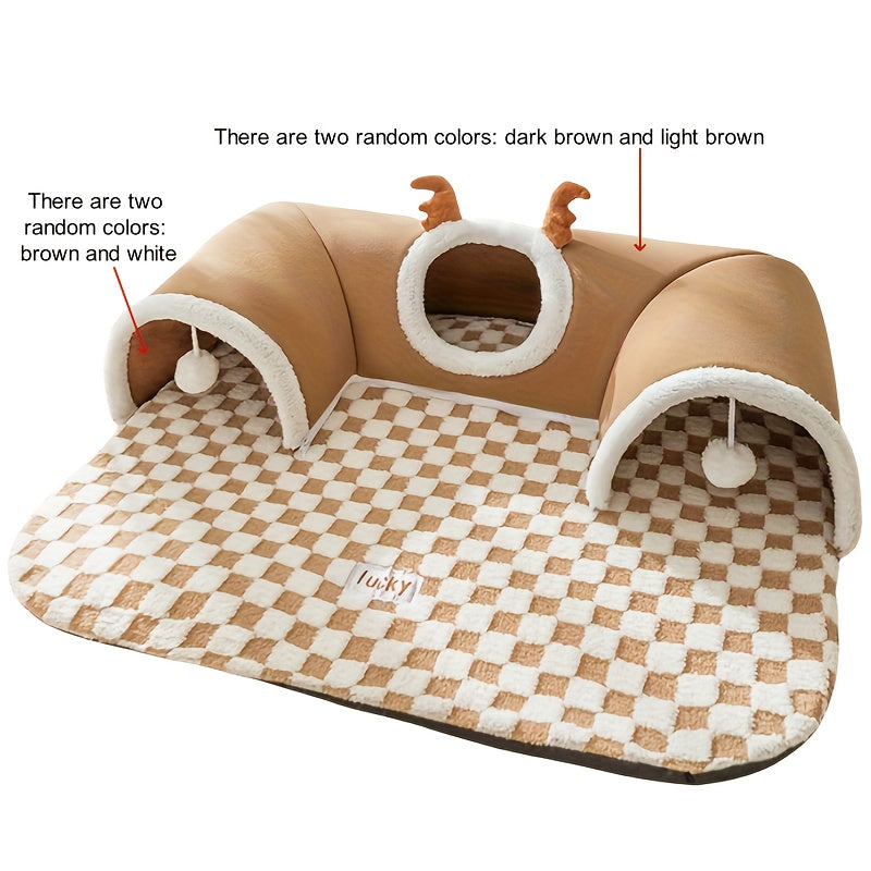 Plaid Reindeer Cat Tunnel and Bed for Holiday Play and Sleep