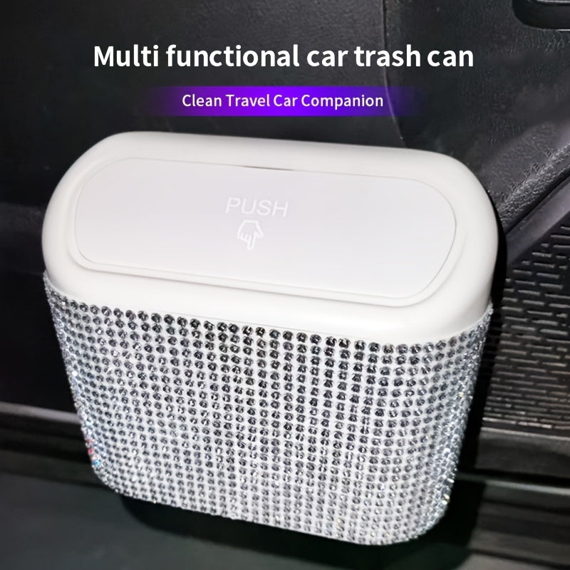 Car Interior Hanging Trash Can with Artificial Rhinestone Inlay Multi-Functional Storage