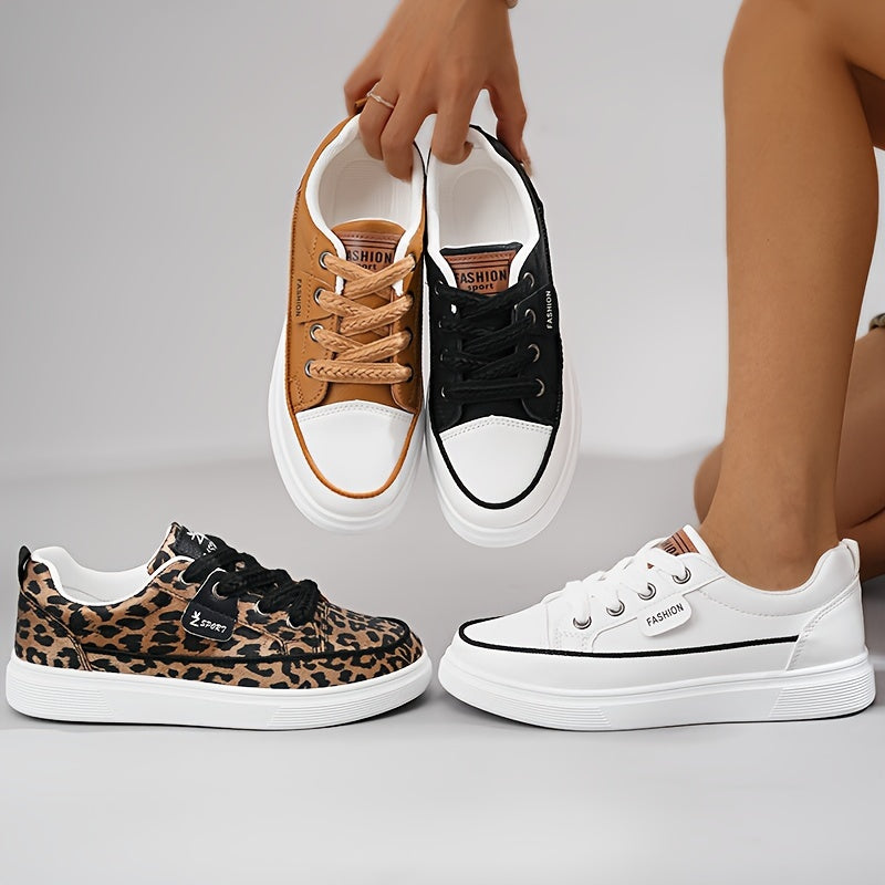 Women Leopard Print Casual Sneakers Lace-Up All-Season Low Top