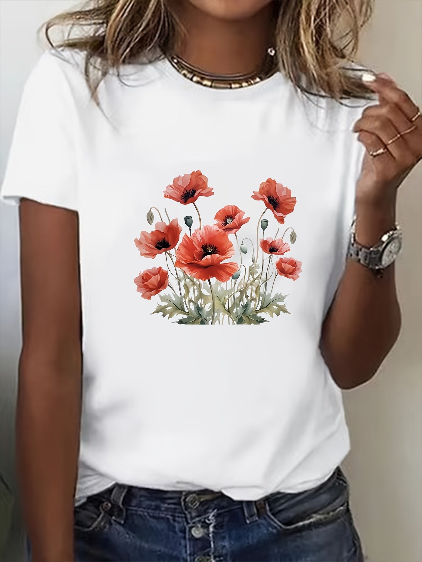 Plus Size Women's Floral Print Short Sleeve T-Shirt Red Green Casual Top