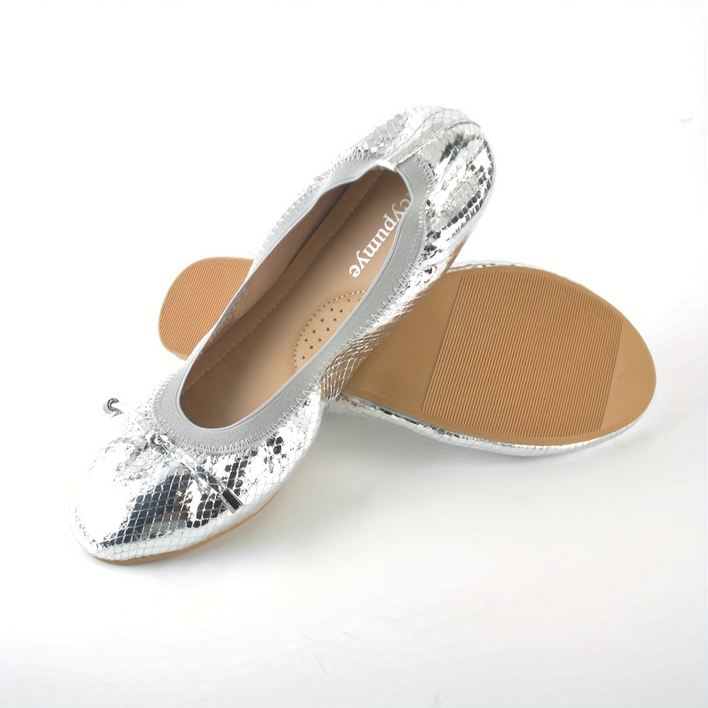 Women's Black Slip-On Ballet Flats with Bow, Round Toe, Ankle Strap