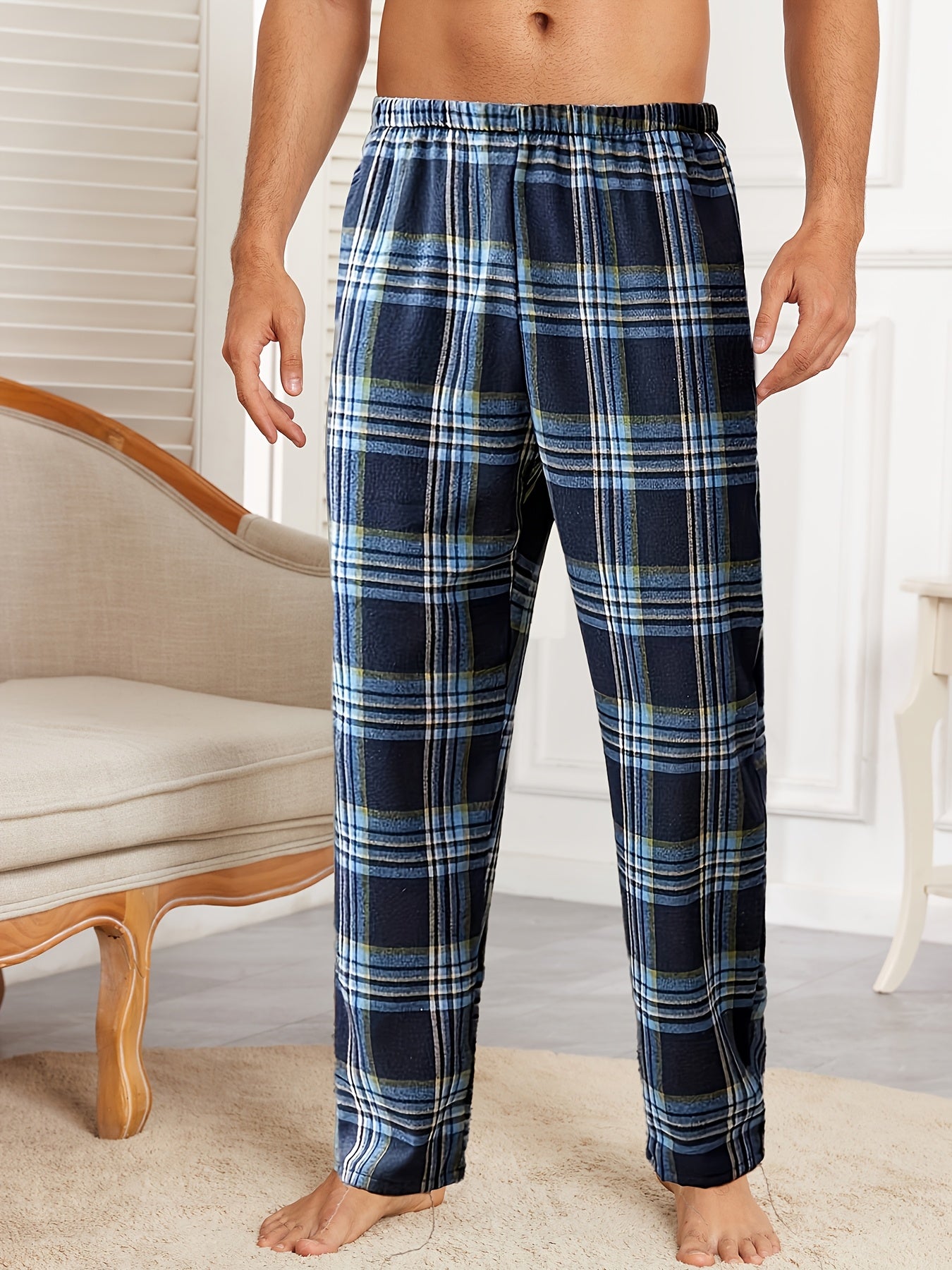 Men's Plaid Lounge Pants Fall Winter Polyester Blend Elastic Waist Casual Sleepwear Blue and White