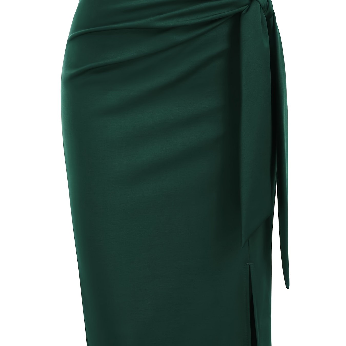 Women's High-Waisted Knee-Length Skirt with Bow and Slit in Solid Color