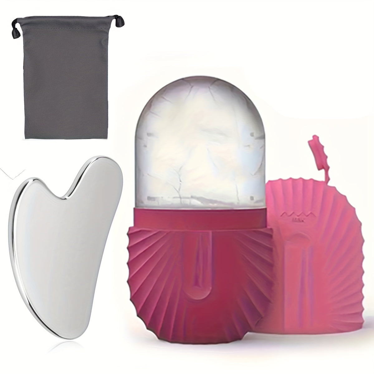 Silicone muz ruloni va zanglamaydigan po'lat Gua Sha to'plami yuz massaji uchun saqlash sumkasi bilan