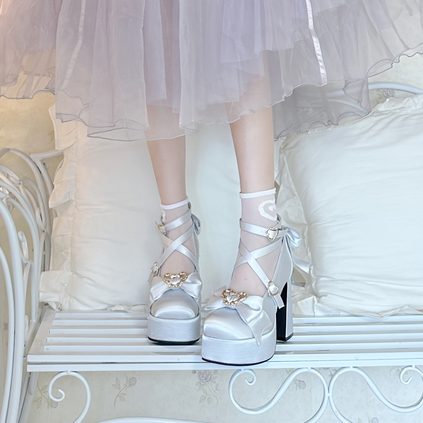 Women's Chunky Heel Pumps with Bow and Heart Buckle Fabric All-Season