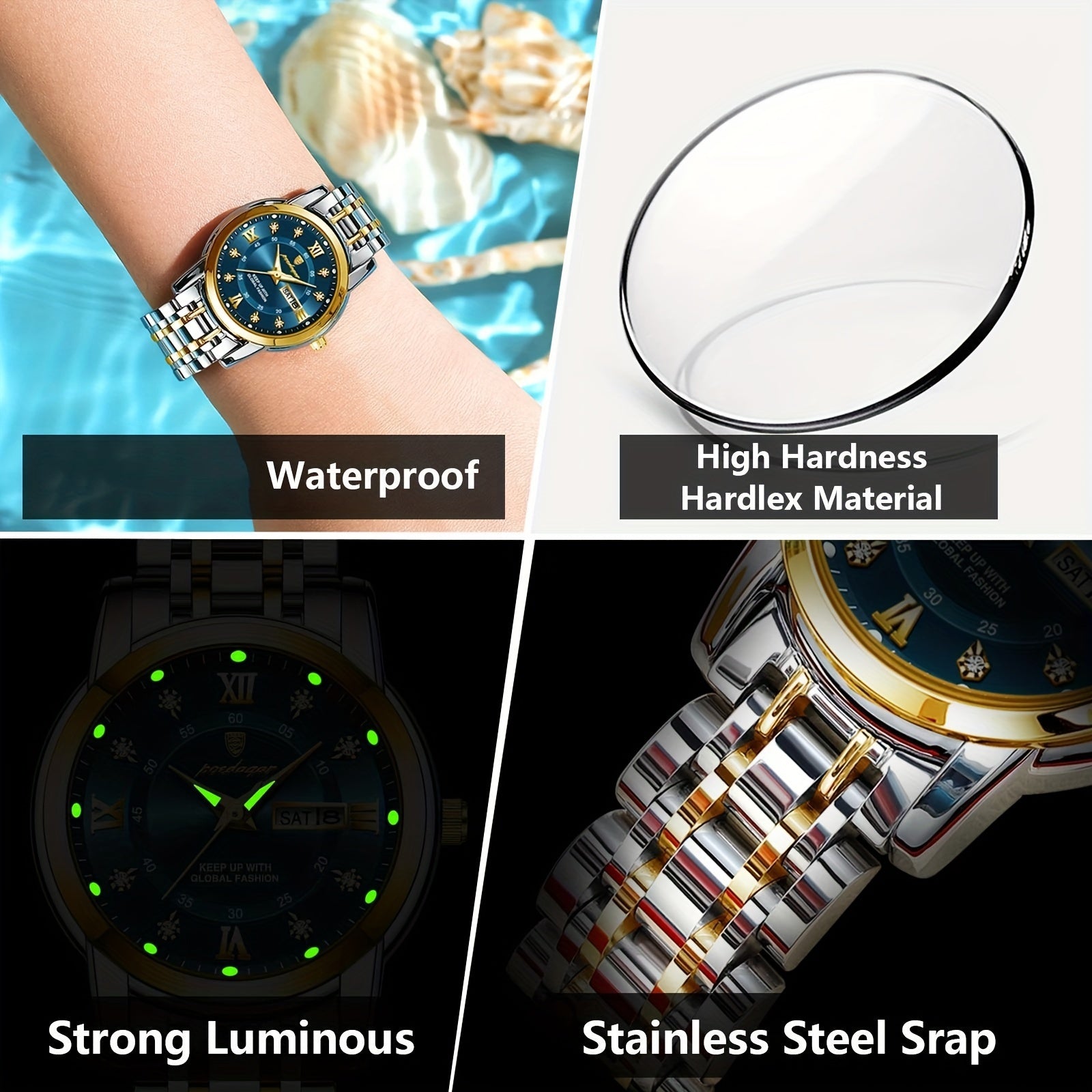 Women's Stainless Steel Quartz Wristwatch with Luminous Hands and Date Display