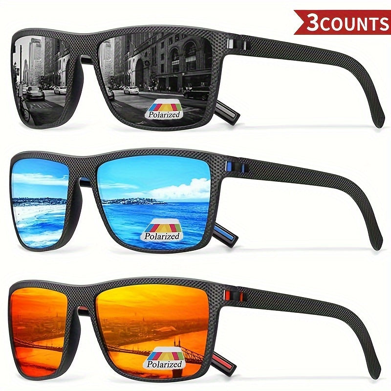 Men's Polarized Fashion Glasses Set of 3 Vintage Square Frames Multi-Color for Outdoor Sports Fishing Beach