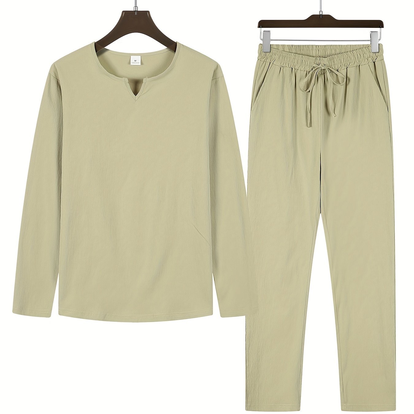 Traje de verano para hombre de poliéster con cuello en V de dos piezas, con pantalones de manga larga de color sólido