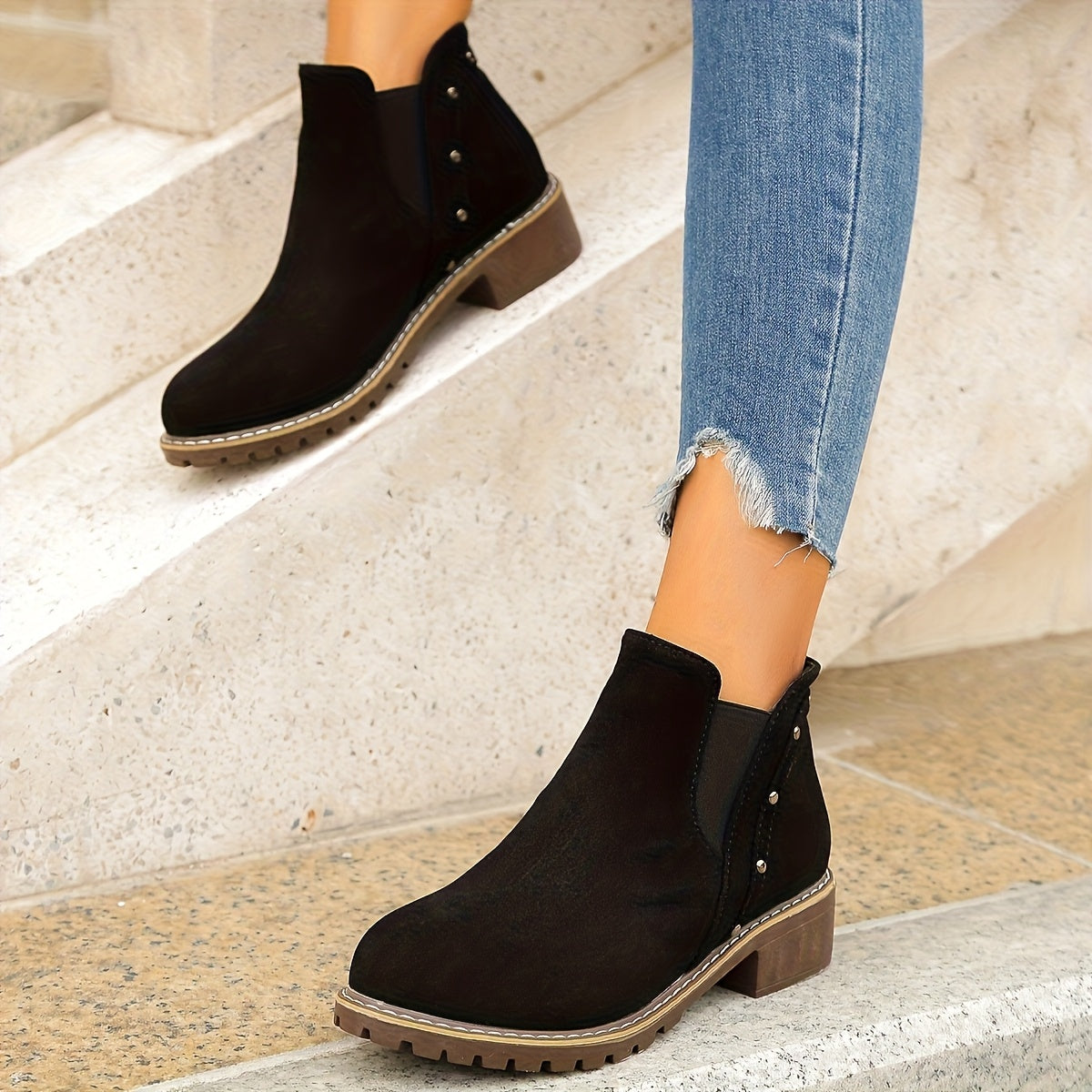 Women's Black Chunky Mid-Heel Boots with Round Toe Zipper Non-Slip