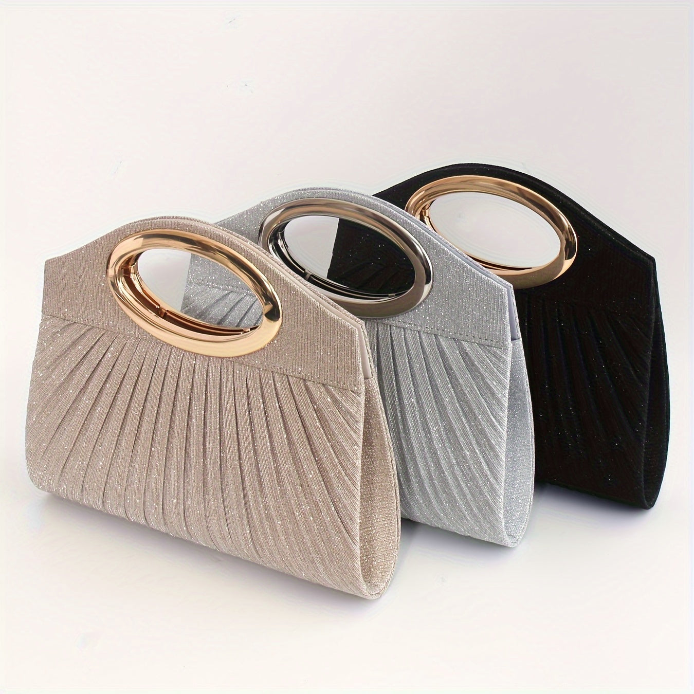 Glitter Clutch Bag with Metal Ring Handle and Removable Crossbody Strap for Weddings and Parties