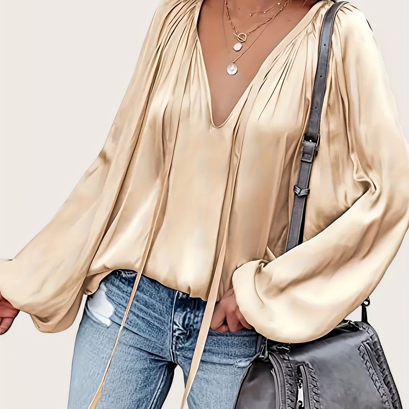 Women's Polyester V-Neck Blouse with Tie Neck and Lantern Sleeves