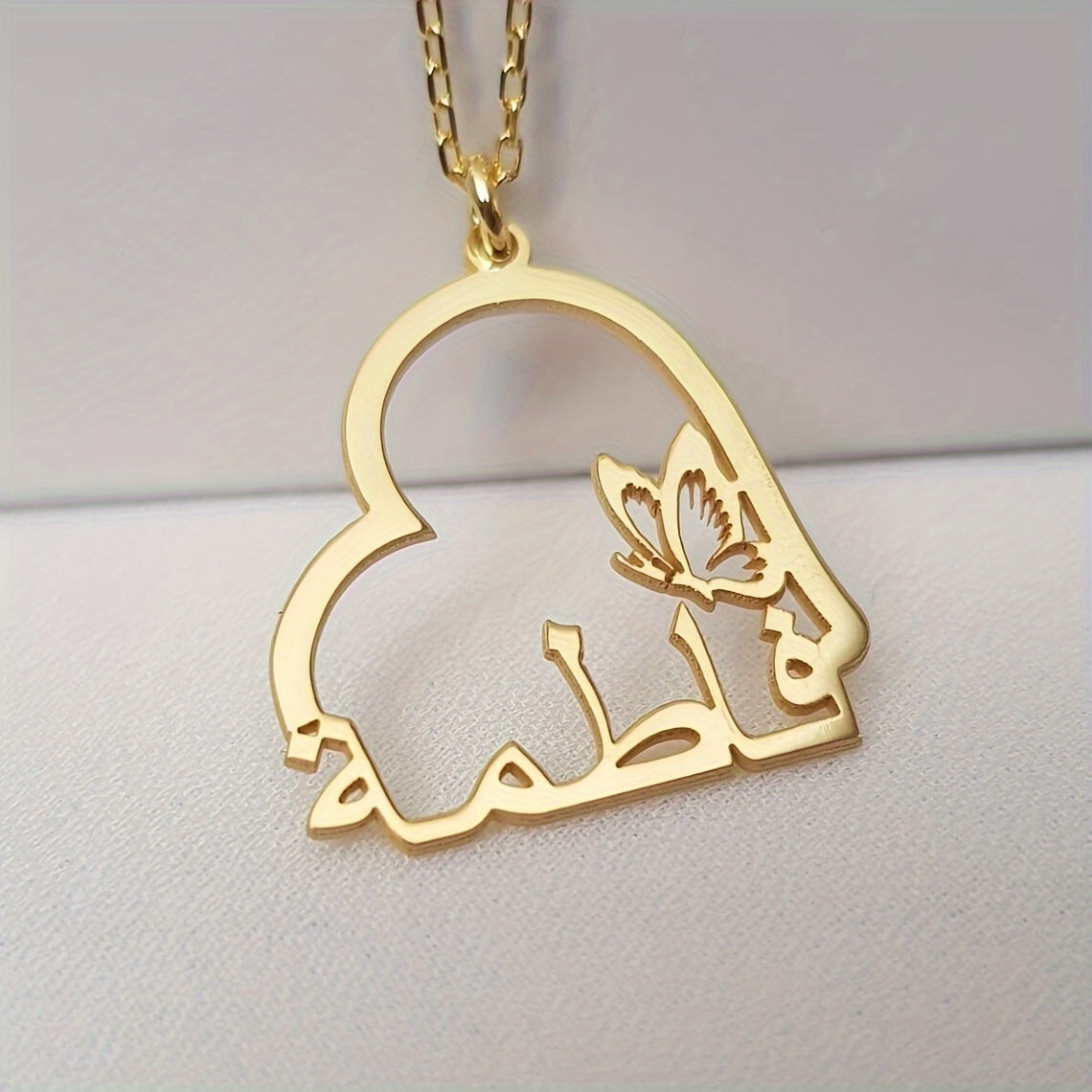 Heart-Shaped Arabic Name Necklace with Butterfly Pendant 18K Gold Plated Stainless Steel Gift for Her