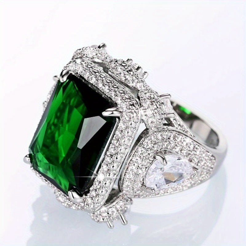 Emerald Green Synthetic Crystal Ring with CZ Accents for Women Engagement Wedding