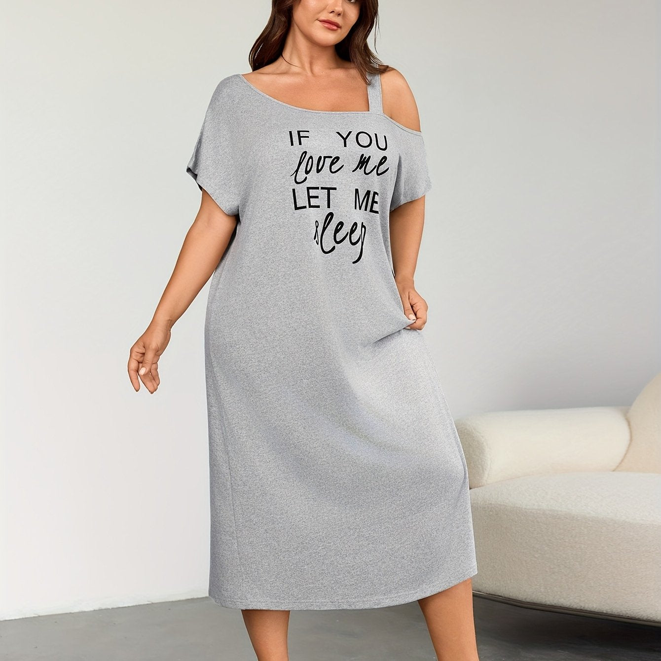 Plus Size Women's Sleep Dress Off-Shoulder Letter Print Gray Pajama Set
