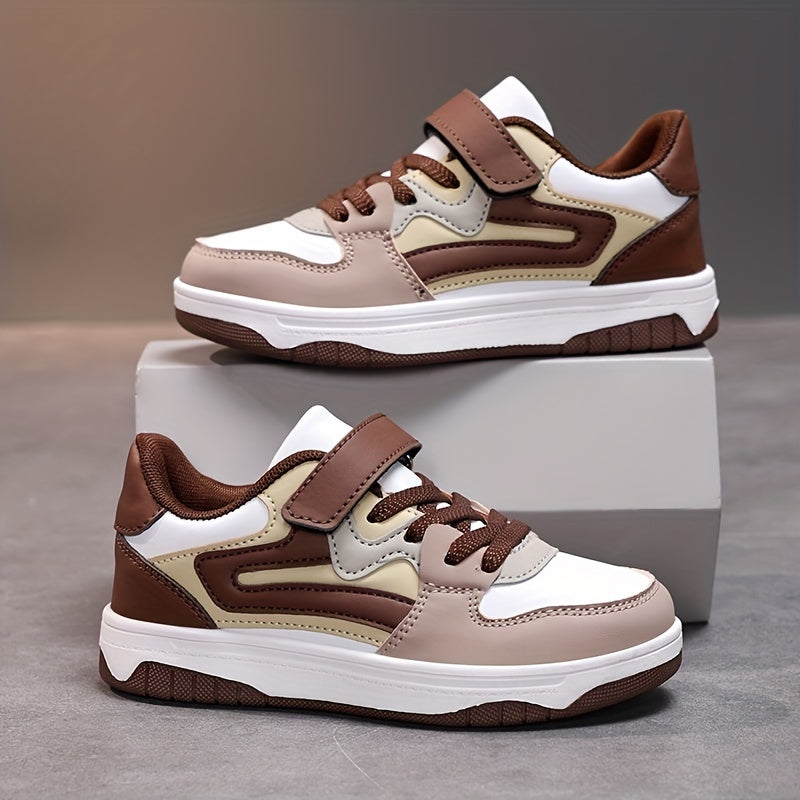 Zapatillas bajas para niños ligeras con rayas y cubierta de imitación casual para correr, deportes, marrón y blanco