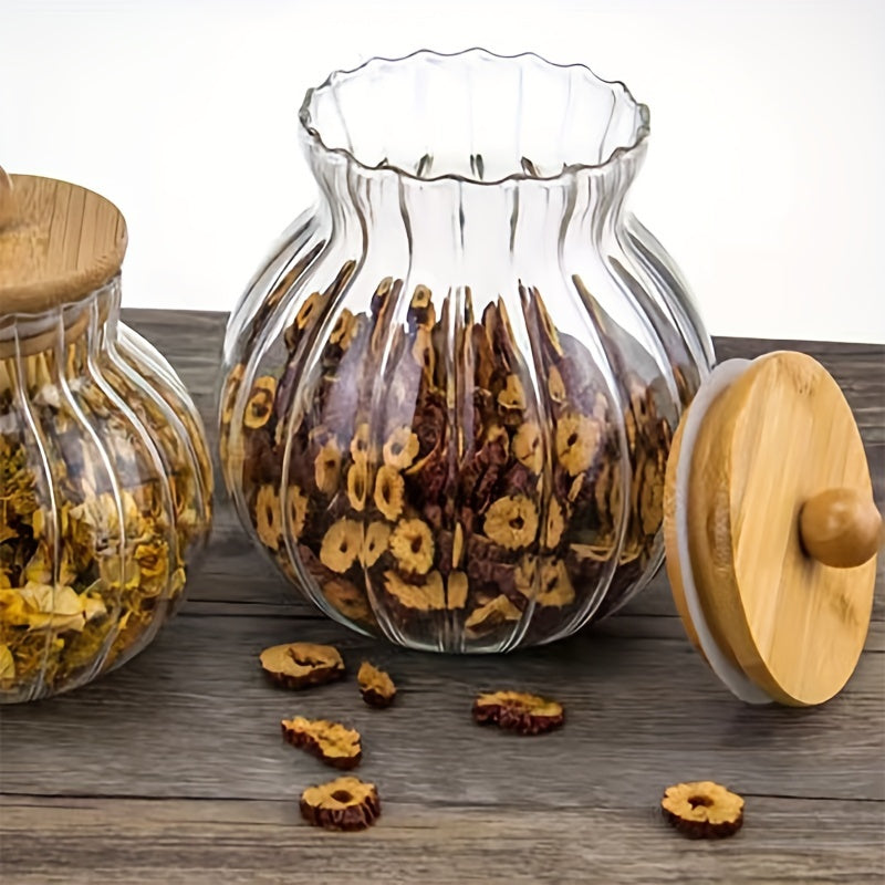 Glass Storage Jar With Bamboo Lid, Striped, for Tea Snacks and Seasonings