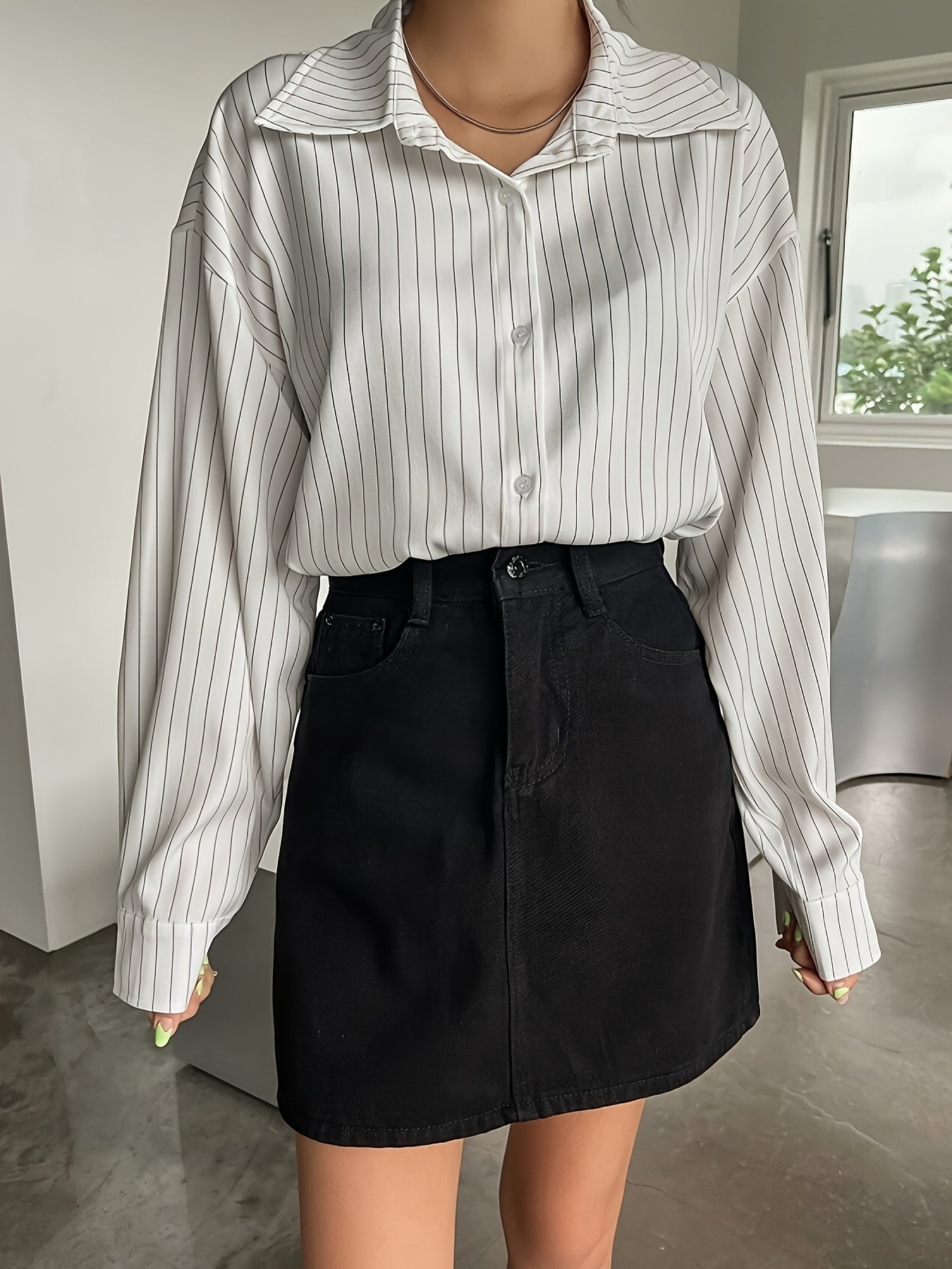 Women's Striped Drop Shoulder Shirt Long Sleeve Polyester Casual Wear for Spring Summer Fall