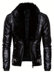 Men's Middle Eastern Style Polyester Jacket with Detachable Fur Collar and Zipper