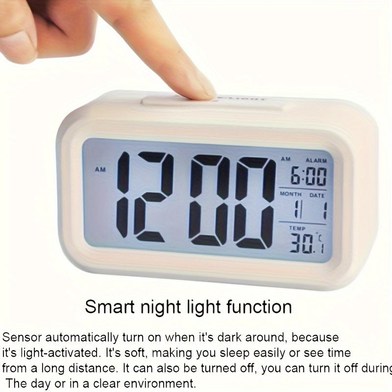 Digital Alarm Clock with LCD Display Indoor Temperature Date Light Sensor Night Light Battery Operated for Bedroom and Home Use