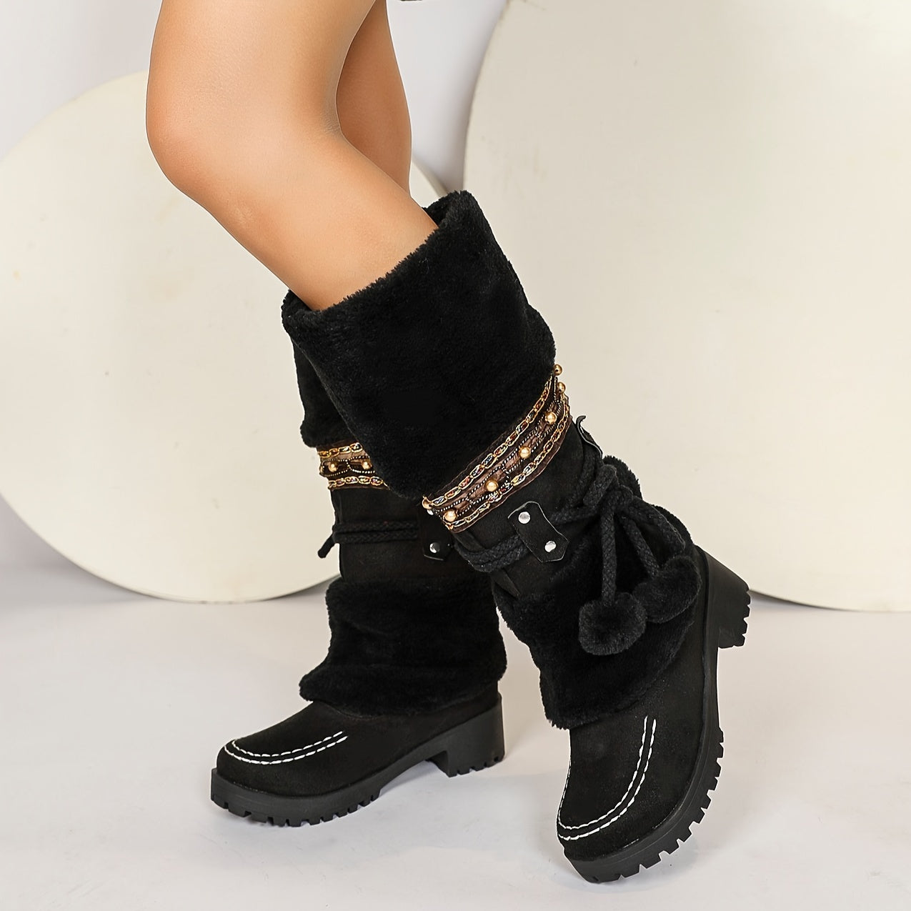 Women's Bohemian Faux Fur-Lined Winter Snow Boots with Beaded Accents Black