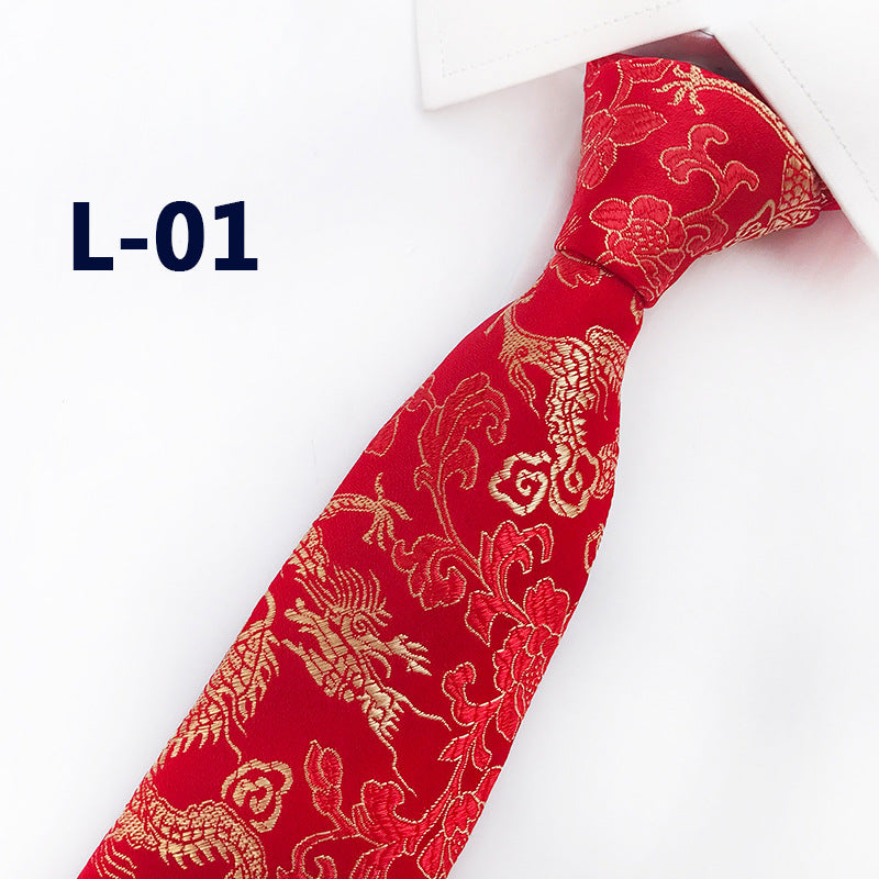 Men's Silk Tie with Hand-Embroidered Chinese Dragon and Peony Design