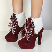 Women Faux Fur-Lined Ankle Boots Round Toe Block Heel Winter Snow Boots