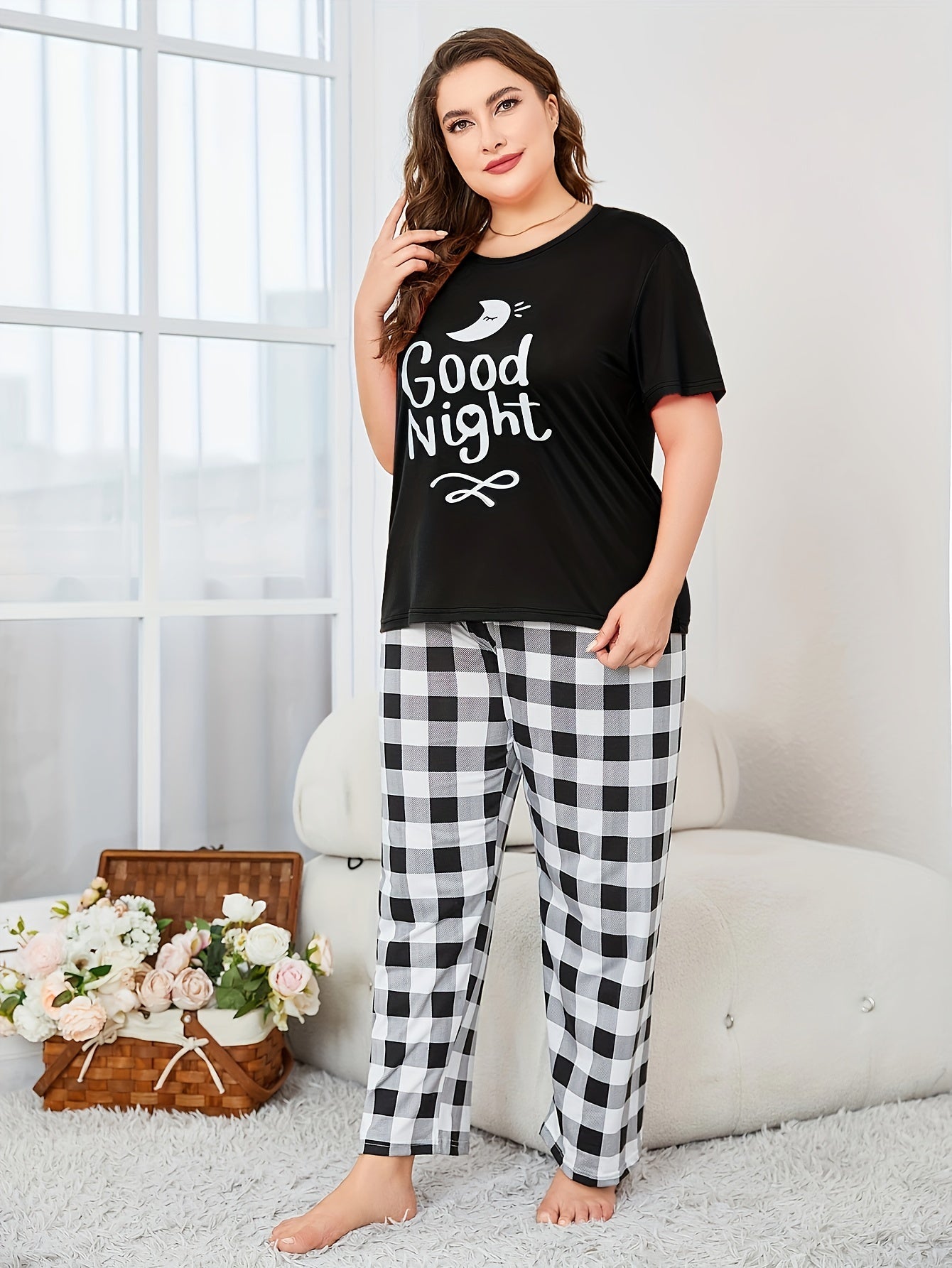 Plus Size Casual Loungewear Set Women's Short Sleeve Top Gingham Pants