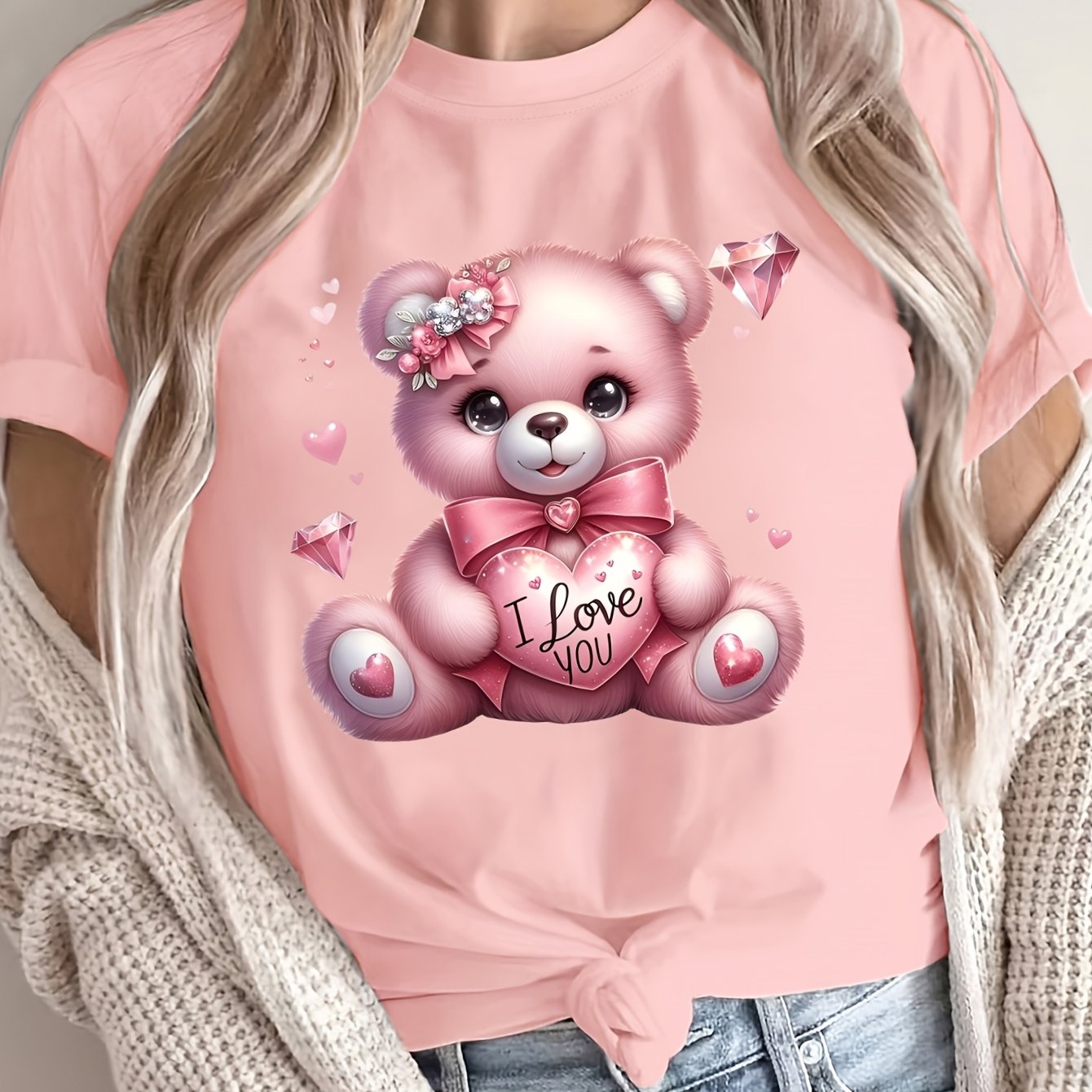 Women's Casual Crew Neck T-Shirt with Cartoon Bear Print Polyester Breathable All-Season