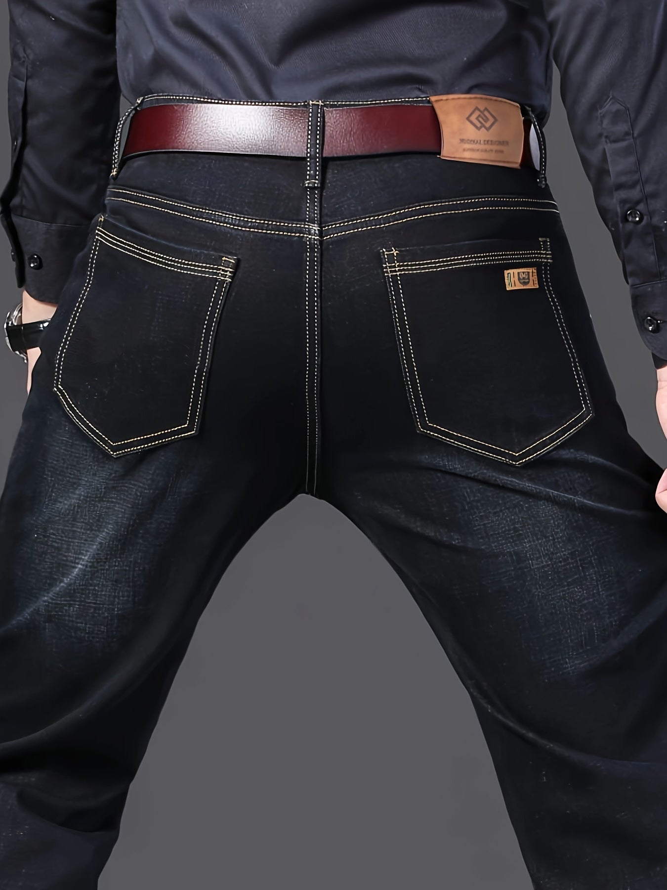 Men's Solid Denim Jeans with Light Business Style Straight Leg Slightly Stretchy Casual Pants