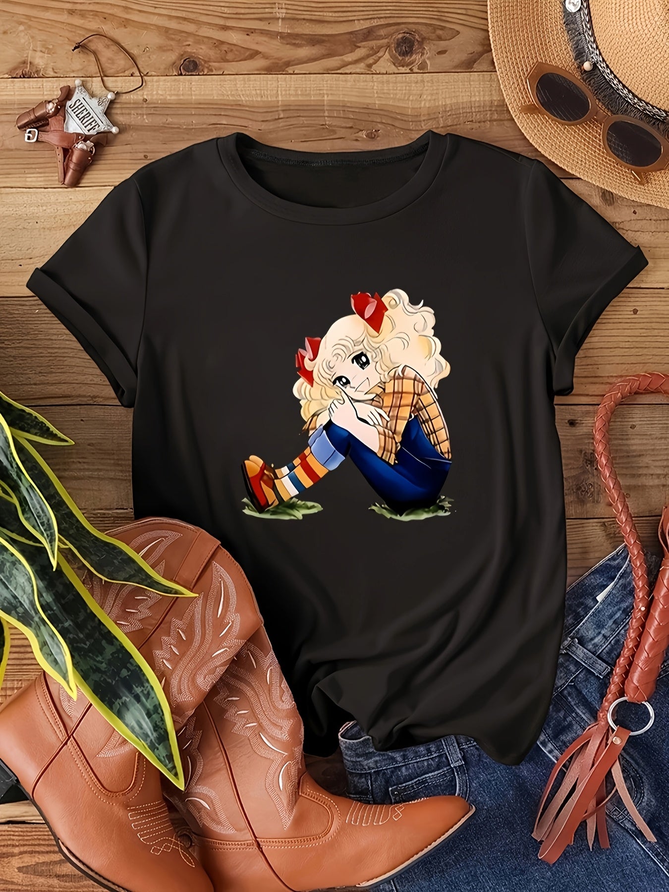 Women's Plus Size Black Casual T-Shirt with Colorful Cartoon Print