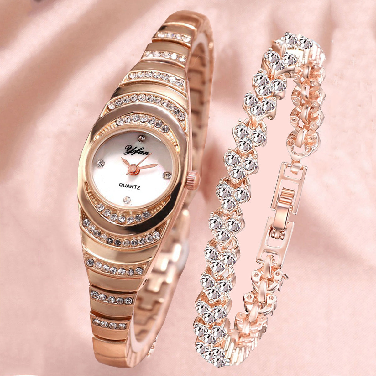 Women's Wrist Watches Set with Rhinestones and Stainless Steel Bands