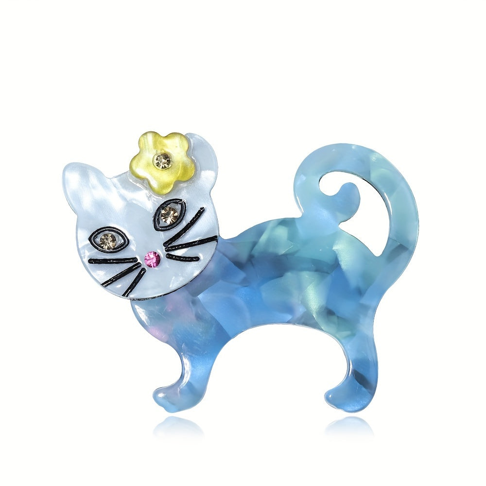 Acrylic Cat Brooch White Gray Blue Floral Design Handmade Jewelry for Women