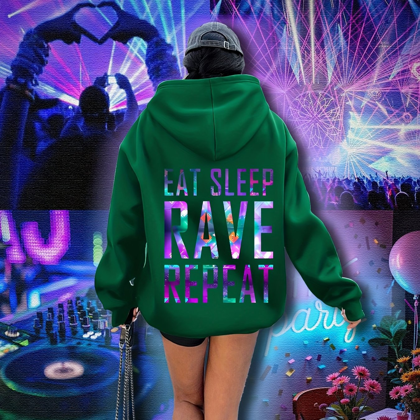 Sudadera con capucha gráfica de talla grande para mujer, festival de música rave, luces, casual, de sobreponer
